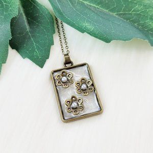 Floral Pendant Necklace Metallic Floral Pearl White and Antiqued Bronze Pendant